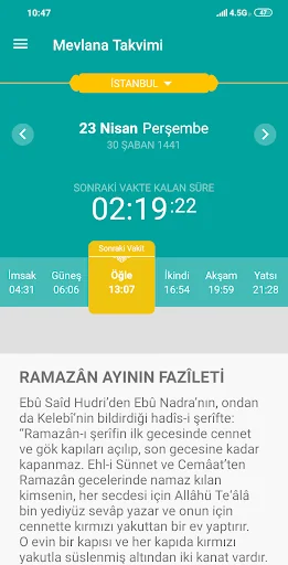 Namaz Vakti - Mevlana Takvimi