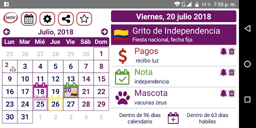 Festivos Colombia, Widget Luna